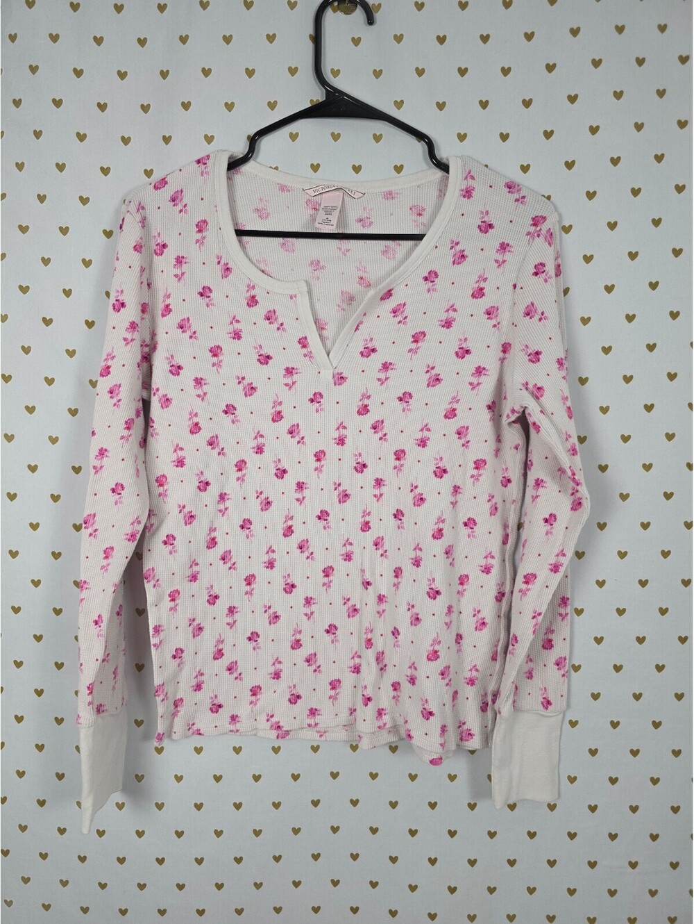 Victorias Secret PINK Floral Waffle Henley Thermal Long Sleeve MEDIUM Shirt